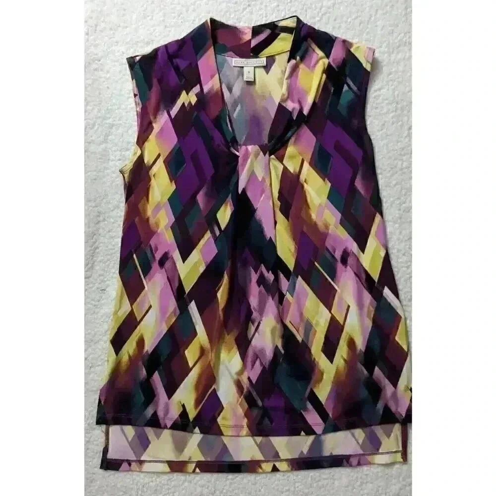 Dana Bushman sleeveless blouse purple yellow geometric print women's size small